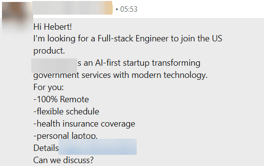 Mensagem de um recrutador no LinkedIn, de 15 de junho, com nome, foto e empresa borrados