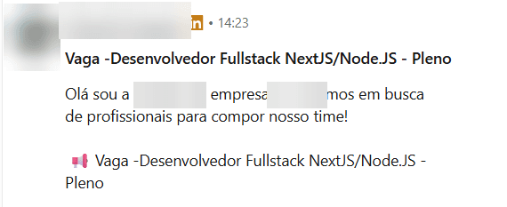 Mensagem de um recrutador no LinkedIn, de 6 de maio, com nome, foto e empresa borrados